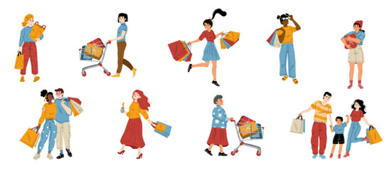People shopping flat set isolated on white background. Vector illustration of young men, women, couple, senior lady, family with kid carrying bags with purchases, gift boxes. Mall customers having fun