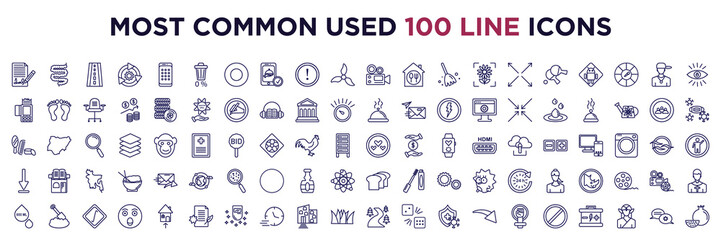 set of most common used 100 web icons in outline style. thin line icons such as , zero waste, movie camera, card reader, cuisine, personal care, lower, ml, pathway, recommendations vector. - obrazy, fototapety, plakaty