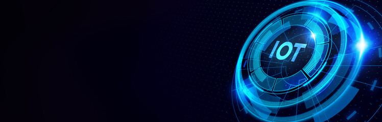 Internet of things - IOT concept. Businessman offer IOT products and solutions. The future of technology. Virtual screen of the future with the inscription: IOT. 3d illustration