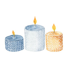 Watercolor cozy knitting candle. Autumn or winter home decor