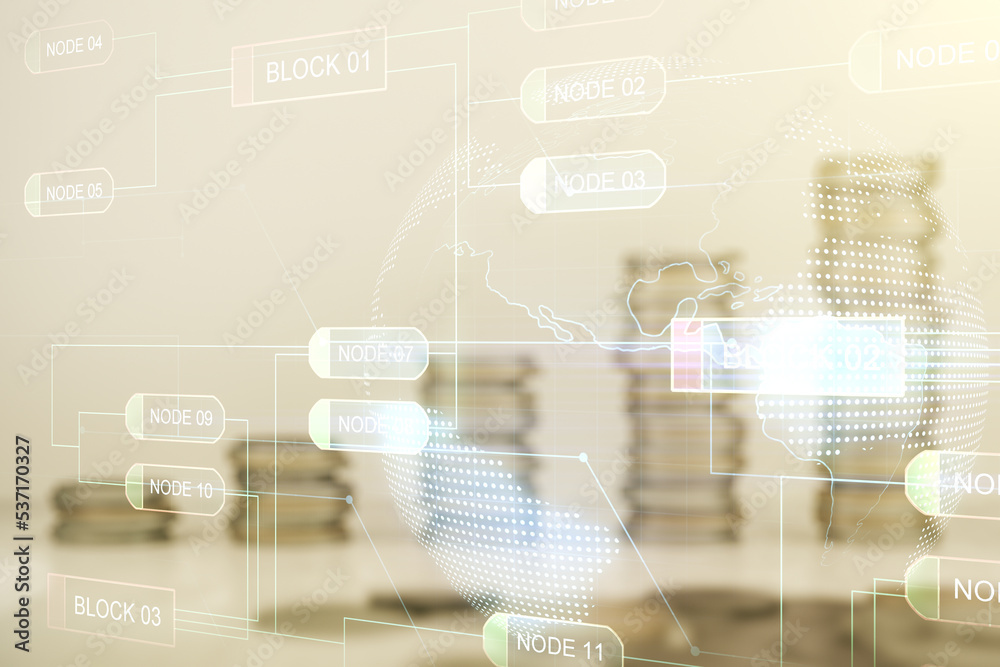 Poster abstract virtual coding illustration and world map on coins background, international software devel