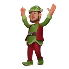 3D illustration. Happy Face Cartoon Elf 3D Character has lots of laughs. with both hands pointing up. with a handsome smiling expression. 3D Cartoon Character