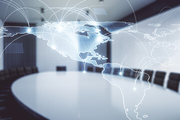 Double exposure of abstract digital world map hologram with connections on a modern boardroom background, big data and blockchain concept