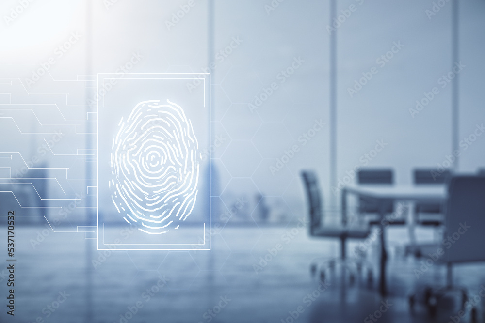 Aufkleber multi exposure of virtual abstract fingerprint illustration on a modern conference room background, 