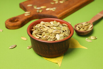 Concept of Autumn vibe food, Pumpkin, Pumpkin seeds