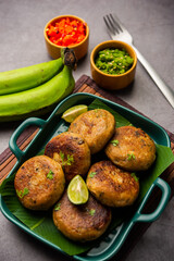 Raw Banana Cutlet also called plantain or kacche kele ki tikki or patties, served with chutney