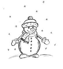 On a white background, a black outline of a snowman in a scarf, hat and mittens