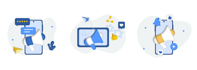 Social media marketing set. Social networks promotion, digital promo campaign, web analytics, SMM strategy, chatbot, video broadcast, stories. Like comment share giveaway. 3D web vector illustration.