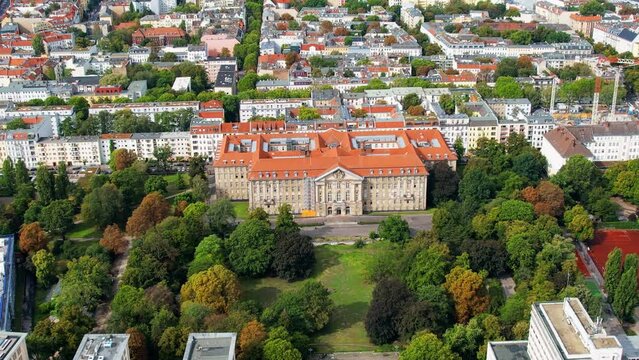 Aerial drone view of Schoneberg, Berlin, Germany. Residential district with Kleist Park and Kammergericht building, residential buildings around