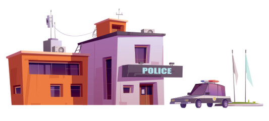 Police station building, law department, office facade with patrol car, signboard and flags. City architecture construction and cop automobile isolated on white background, Cartoon vector illustration