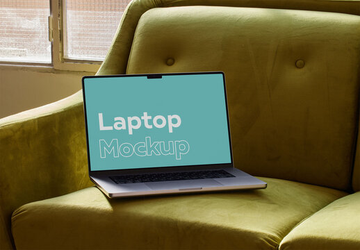 Laptop Mockup on a Green Sofa at Home