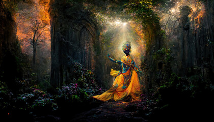 AI generated or 3D illustrated image of Hindu God Lord Krishna's raas leela in Vrindavan garden, India  - obrazy, fototapety, plakaty
