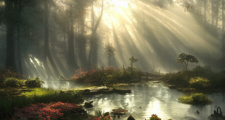 morning sun rays in the forest