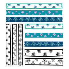 Large set of scotch tape strips with different hand-drawn doodle patterns. Stars on white background with different patterns. Scotch tape stickers. Vector illustration.
