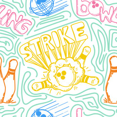 A seamless pattern of spotted, hand-drawn doodle-style elements. Bowling ball, pins. Handwritten strike lettering. Ball smashes pins. Flying ball at target. Pins. Sport. Game. Hit, win.