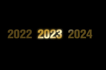 Jahreszahl 2023 in goldener Schrift mit den Jahren 2022 und 2024