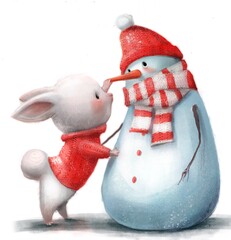 Cute christmas card with hare and snowman - 537173118