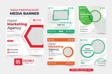 Digital marketing social media post template collection with creative shapes. Marketing business web banner bundle design with red and green colors. Modern corporate business template set vector.