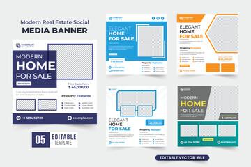 Fototapeta na wymiar Real estate business social media post set vector with purple and blue colors. Home selling service web banner collection for online marketing. Modern house property sale template bundle design.