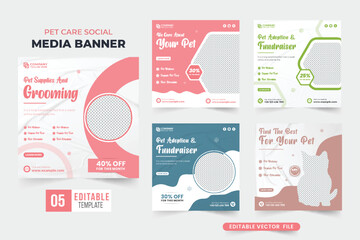 Pet veterinary business template bundle for social media marketing. Pet care shop promotional web banner collection with pink and blue colors. Pet shop advertisement template set with abstract shapes.