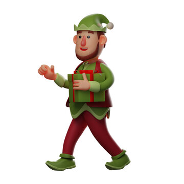 3D illustration. 3D Elf character cartoon with green gift box. walked in saying hello. with a happy smile. 3D Cartoon Character