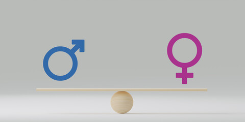 Male equals female. Concept of gender equality. Man and woman balancing on scales. Feminism, women...