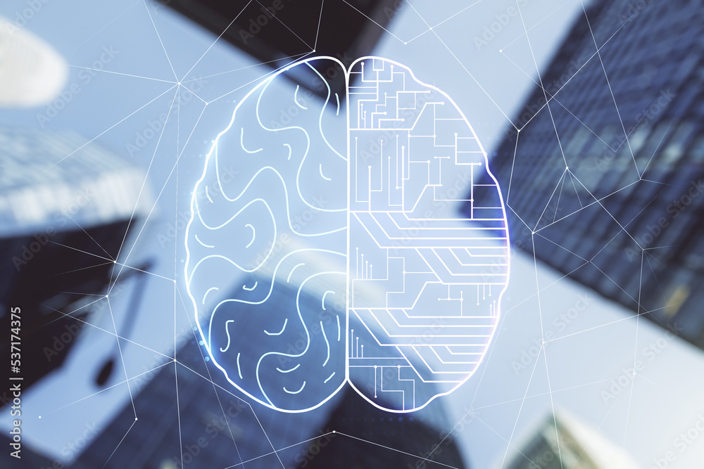 Aufkleber virtual creative artificial intelligence hologram with human brain sketch on modern architecture bac
