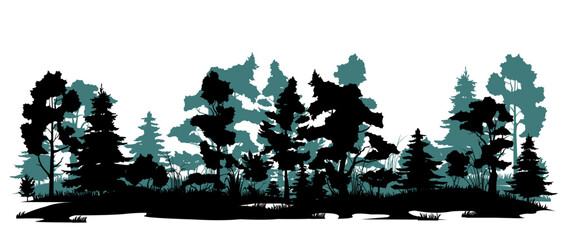 Swampy edge of forest. Coniferous forest with firs and pines. Landscape with trees and grass. Silhouette picture. Isolated on white background. Vector.