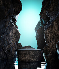 Podium Product Display Stone Cliff Rock Landscape 3D Render Blue Light
