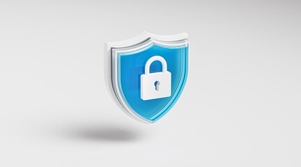 Security Shield Blue Padlock Icon Symbol Glass 3D Render - 537174395