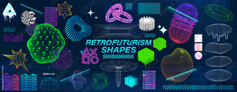 Aufkleber Retrowave and retrofuturistic trendy geometric shapes collection from 80s-90s. Old wave cyberpunk and graphic design elements with gradients colords. 3D shapes with neon and glitch. Vector set	
