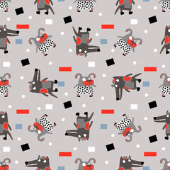 Dogs and wolves vector seamless pattern. Gray cartoon kids background. For boys wallpaper and wrapping paper. 