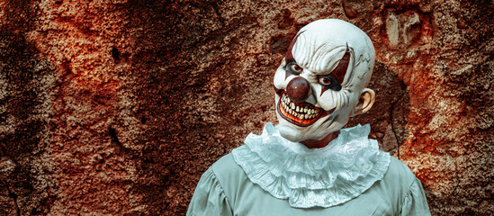 evil clown in an abandoned house, web banner
