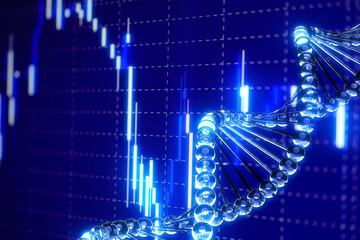 Multi Exposure of science molecular DNA ring model structure and candle stick graph chart under blue background. Concept 3D CG of medical business, healthcare strategy and healthcare financing.