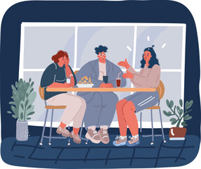 Cartoon vector illustration of Female friends together at cafe. Smiling woman gossiping spending time at cafeteria isolated. People enjoying coffee break in public place sitting at table
