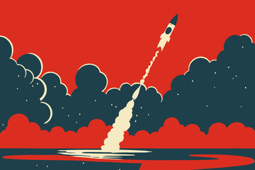 Digital vector illustration of rocket launching and steam trail