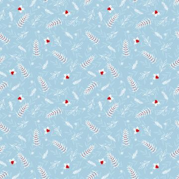 Seamless Christmas pattern with mistletoe, spruce Branches, leaves and berries.