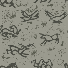 Seamless pattern with rock drawings of animals. Camel, bull, cow, eagle, duck, goose, swan, deer, horse, jaguar, leopard, leopard, tiger, panther. Vector illustration with primitive drawing of animal