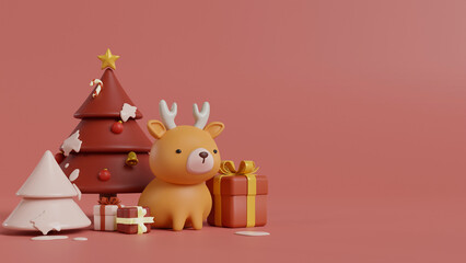 Christmas tree with raindeer and gift box on winter season. Christmas and new year background concept. 3d illustration. - obrazy, fototapety, plakaty