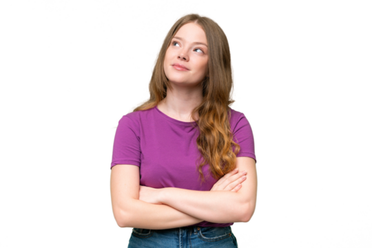 Young pretty woman over isolated background looking up while smiling - Powered by Adobe