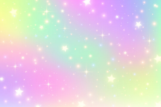 Rainbow fantasy background. Holographic illustration in pastel colors. Cute cartoon girly backdrop. Bright multicolored sky with stars. Vector.