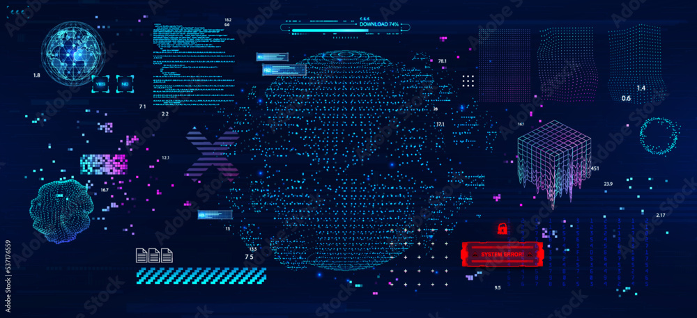 Aufkleber Data visualization and data distribution, information processing and stream classification. Internet connection in dot and pixel illustration with code elements and HUD interface. Cyber shapes. Vector