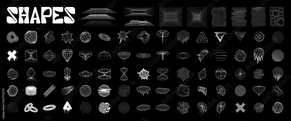 Poster Retrofuturistic graphic pack. Universal geometric shapes - circle, spheres, grid with liquid, glitch effect. Figures from wireframe mesh. Cyberpunk and retro shapes from 80s - 90s. Vector graphic set