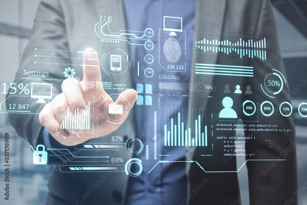 Poster close up of man hand pointing at creative glowing business chart interface hologram on blurry office