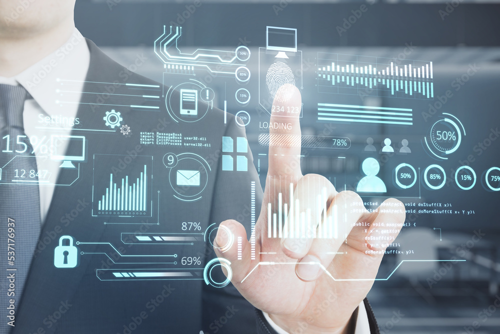Poster close up of male hand pointing at creative glowing business chart interface hologram on blurry offic