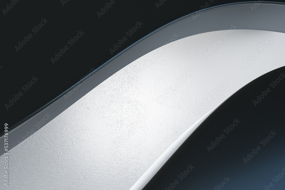 Poster Front view on abstract architecture stylish background with light grey metallic wavy detail on dark backdrop. 3D rendering