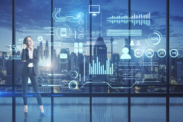 businesswoman with creative glowing business chart interface hologram on blurry panoramic office windows with city view background. Company digital data, guide and computer analysis concept. 