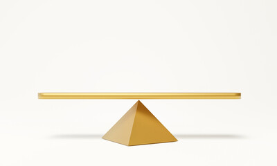 3D gold see saw balance isolated on blue background. Golden seesaw has a pivot point in the middle of the board Stability, equal, Scale, justice, compare, copy space, 3D Rendering.