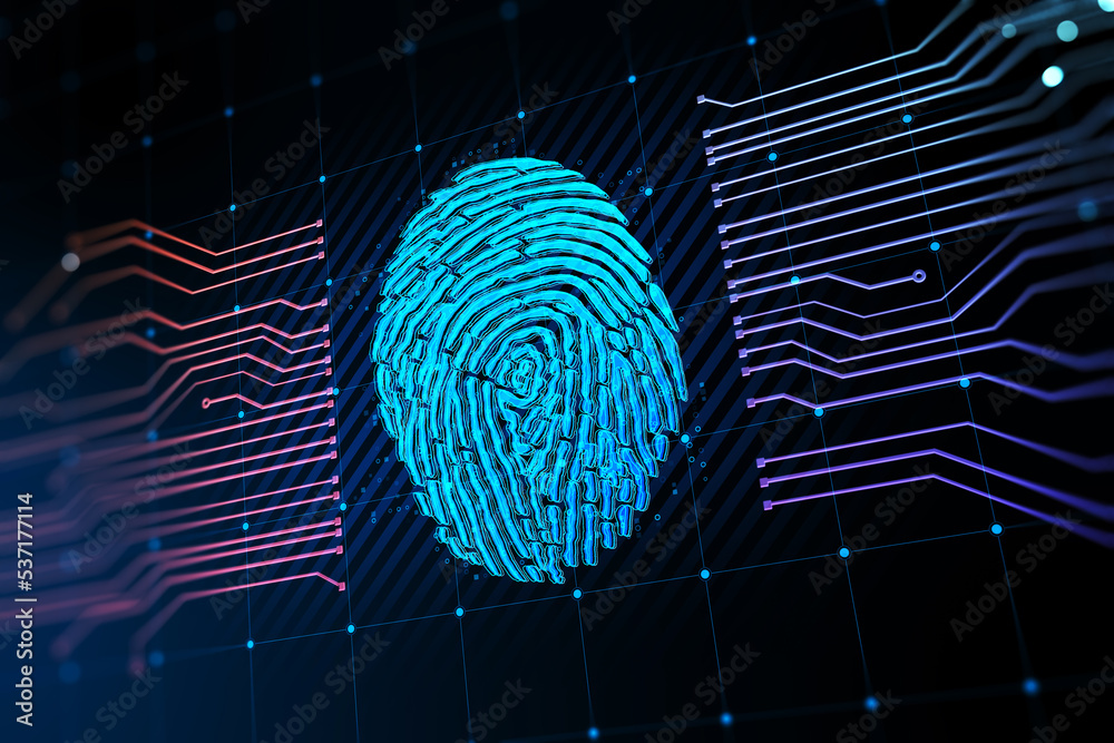 Aufkleber Digital security and biometric identification concept with blue graphic fingerprint between circuit lines on abstract dark technological background. 3D rendering