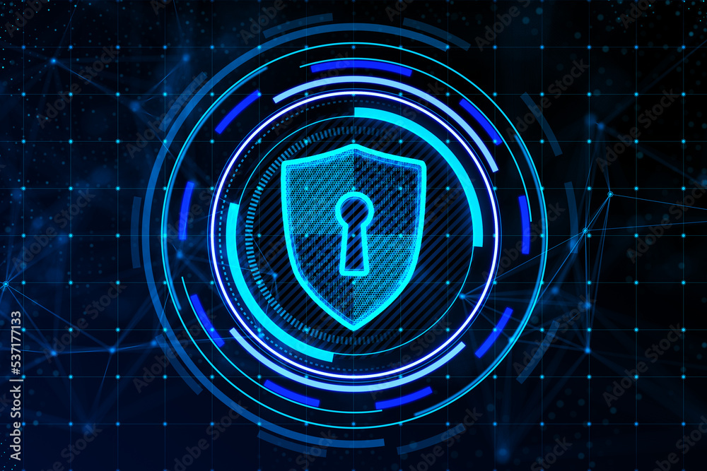 Poster Creative glowing blue shield hologram on dark background. Secure, safety, database and web protection concept. 3D Rendering.